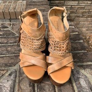 Bed Stu Rustic Tan Petra Leather Woven Ankle Strap Wedges Sandals 9